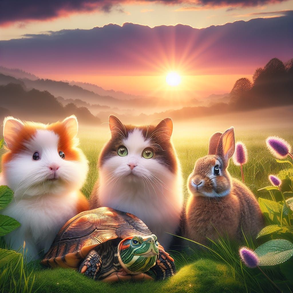Animals Watch Sunrise Together in Meadow