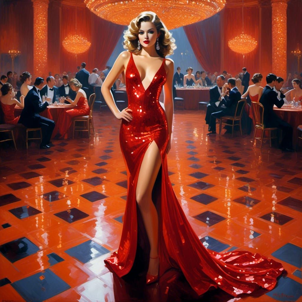Nightclub Dance Floor with Woman in Red Dress