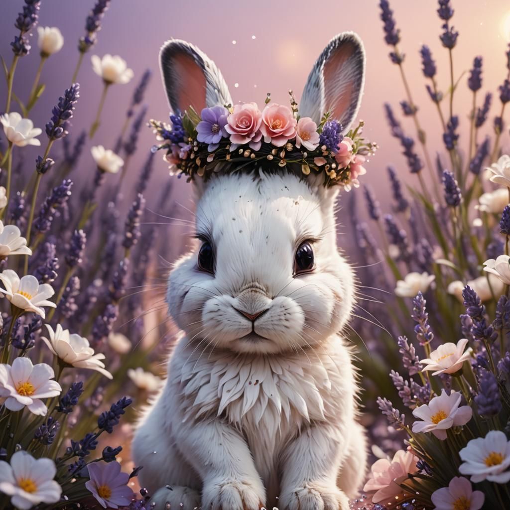 Bunny with Flower Crown in Dreamy Lavender Field