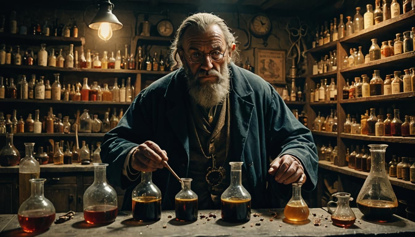 Alchemist in Basement Laboratory: Cinematic Film Still