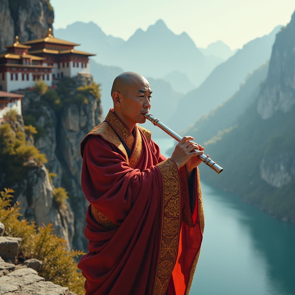 Mystical Tibetan Monk Playing Flute, Photorealistic Digital ...