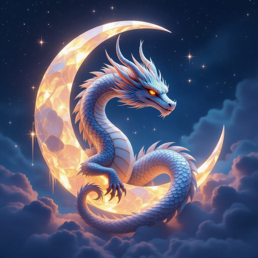 Celestial Dragon Coiled Around Shimmering Moon