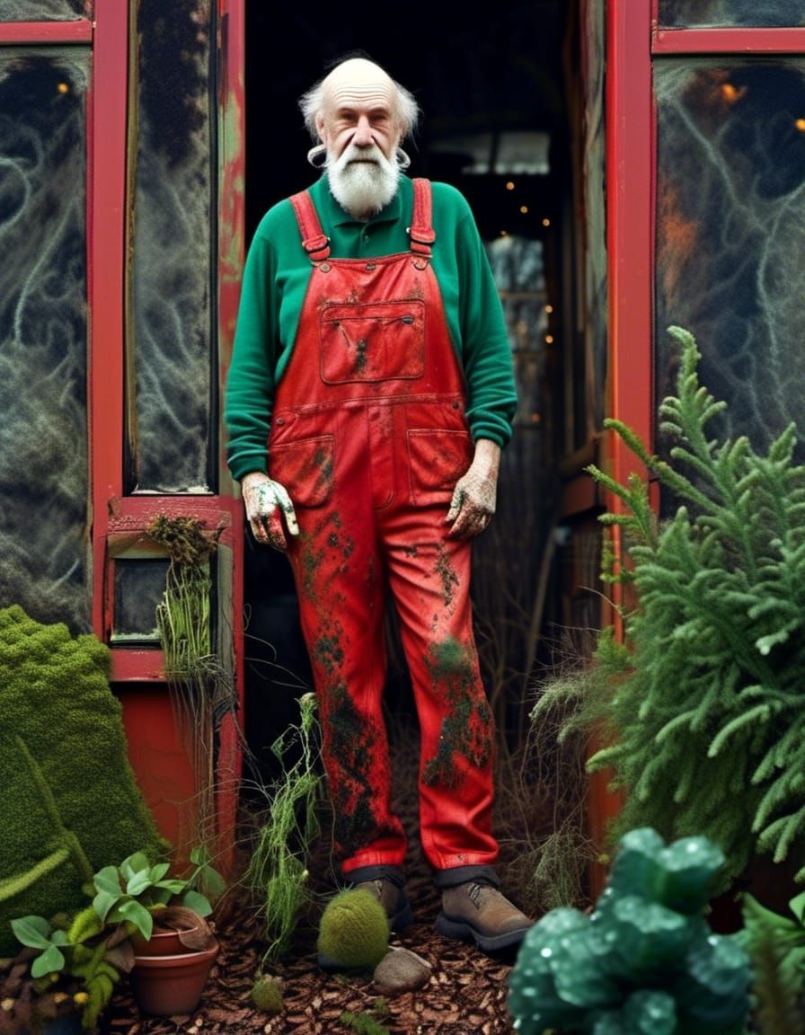 Festive Old Gardener in Winter Garden