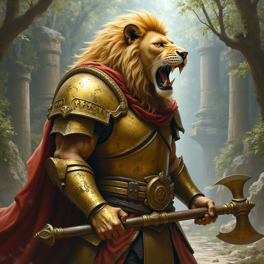 Lion Warrior in Golden Armor Fantasy Art