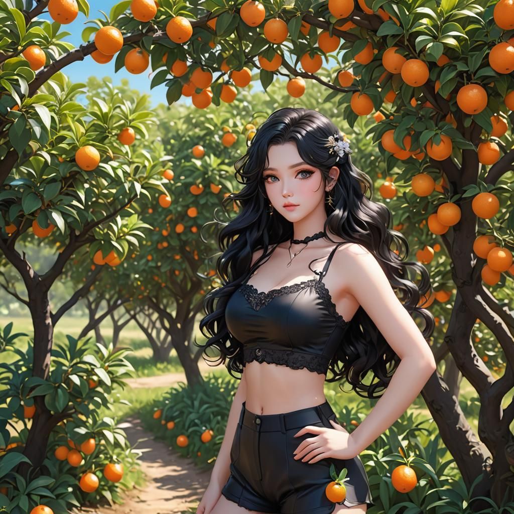 Anime Girl in Orange Grove: 3D Rendered Art