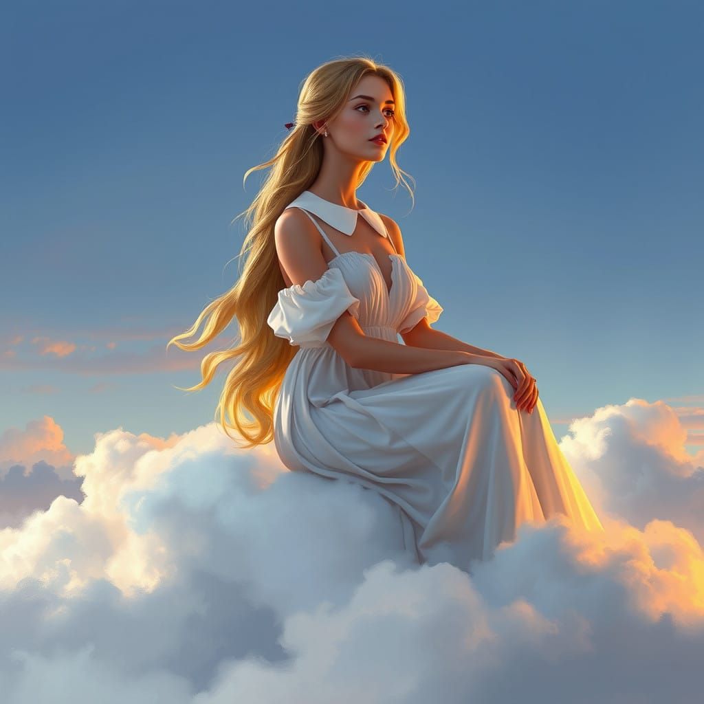 Dreamy Fantasy Maiden on a Soft Cumulus Cloud