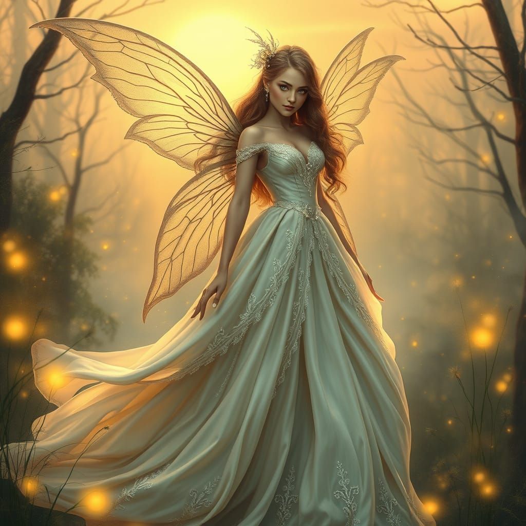 Ethereal Fairy in Woodland Scene at Sunset
