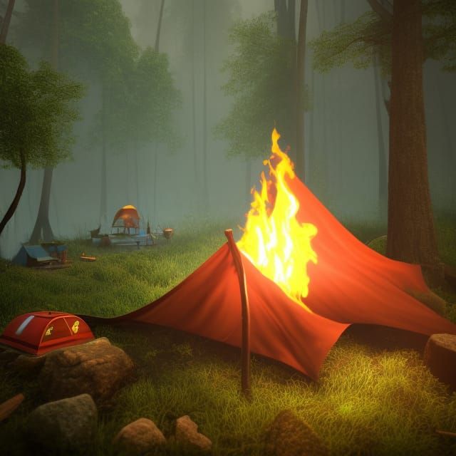 Rescuing Campfire in Stormy Forest, Detailed Matte Painting