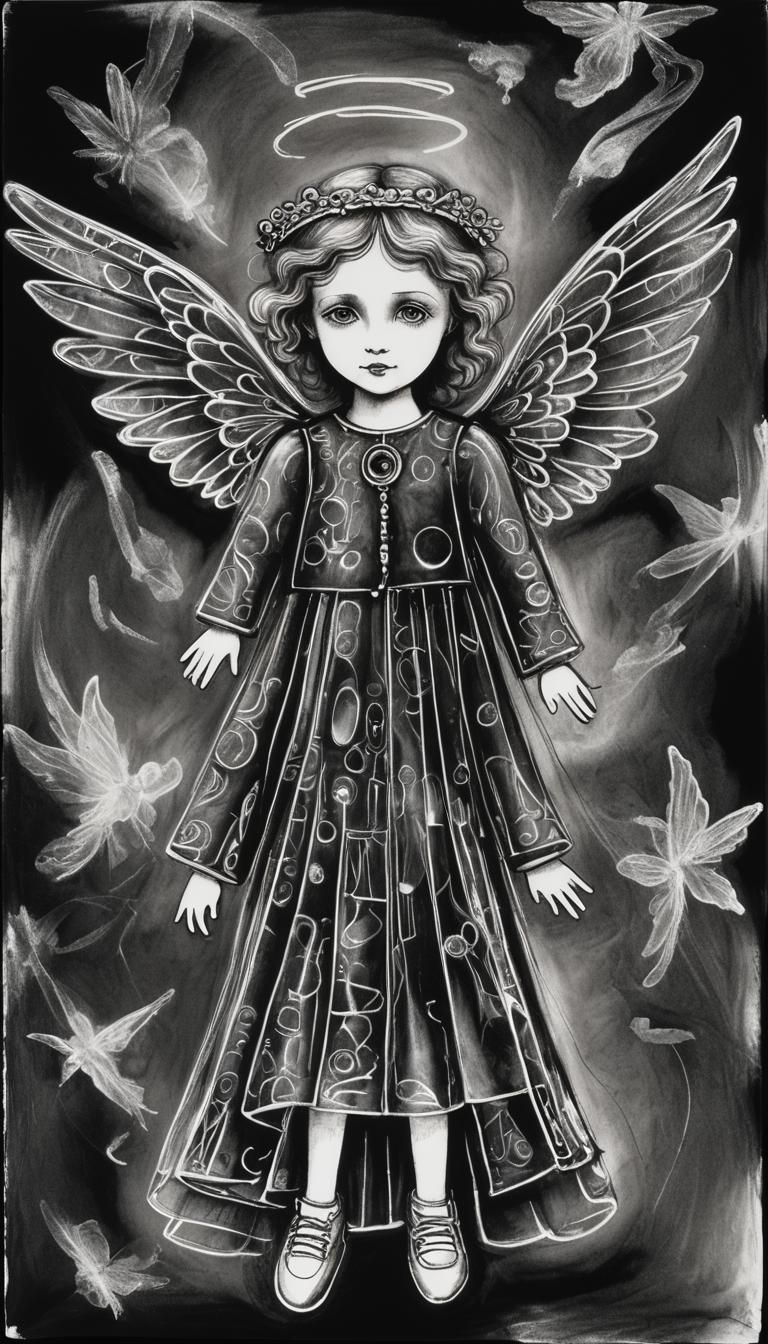 Surreal Child's Drawing: Black and White Angel