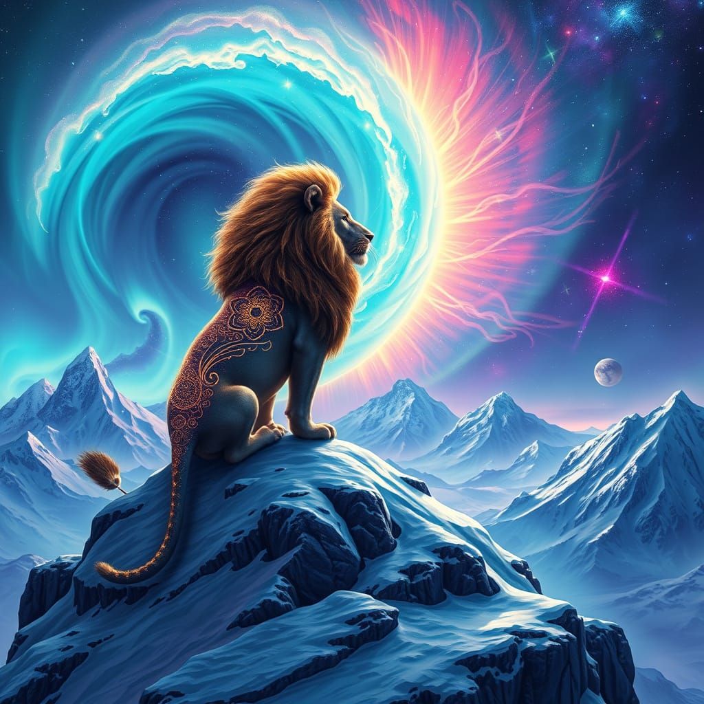 A majestic lion with a flowing mane of stardust stands atop a snow-capped mountain, gazing out at a breathtaking aurora ...