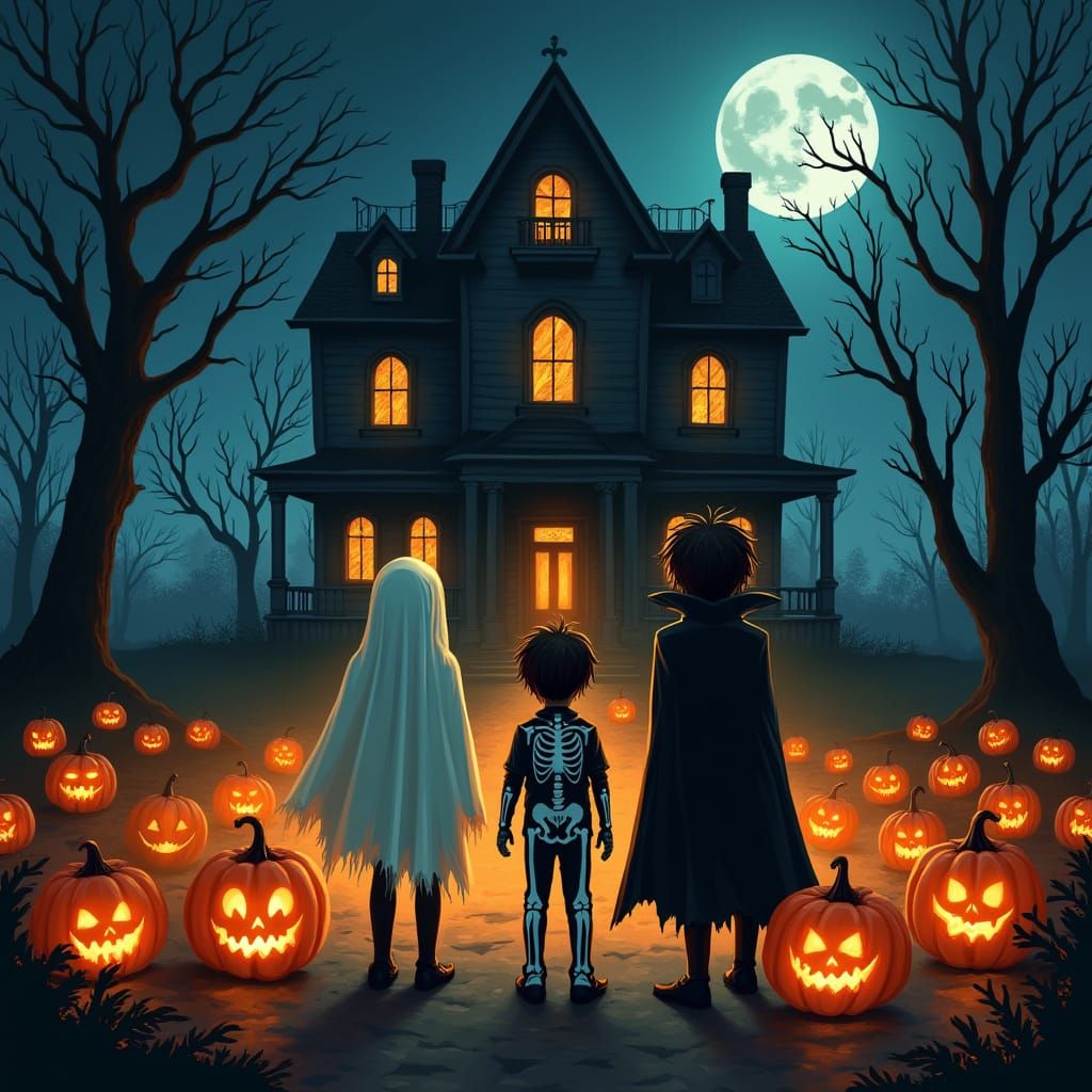 Spooky Halloween Night With Costumed Children and Haunted Ho...