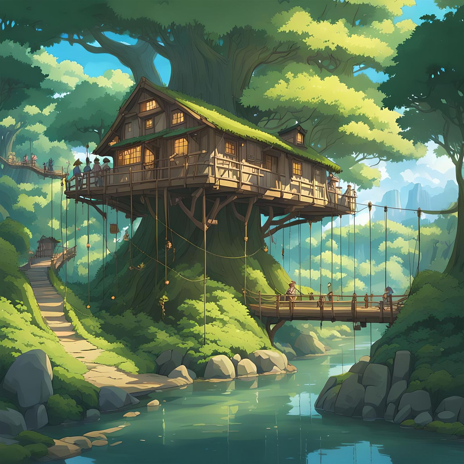 Enchanted Wood Elf Village in Studio Ghibli Style
