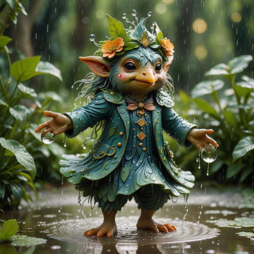 Art Nouveau Bird Troll Dancing in Rain