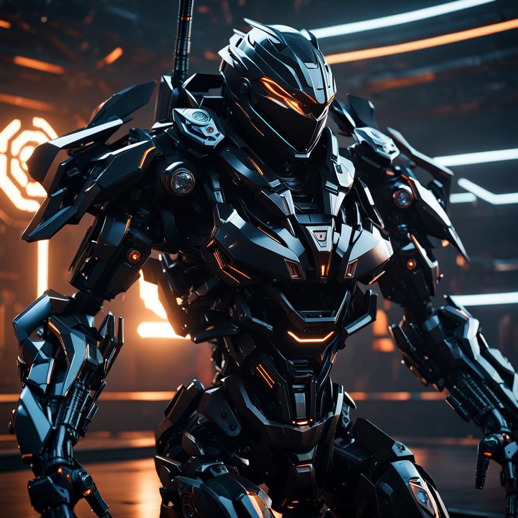 Futuristic Black Ninja with Intricate Mech Details