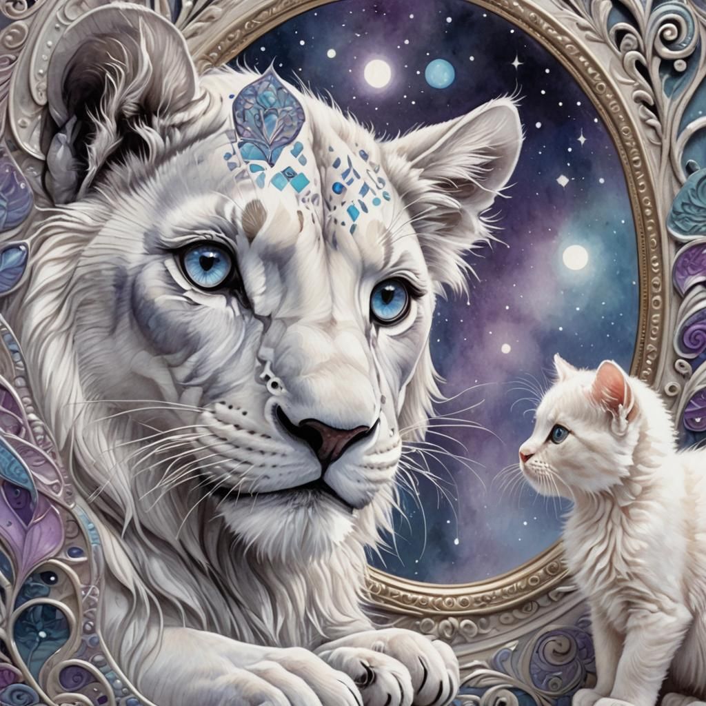 Whimsical illustration. Close-up. A white grey lion looks at...