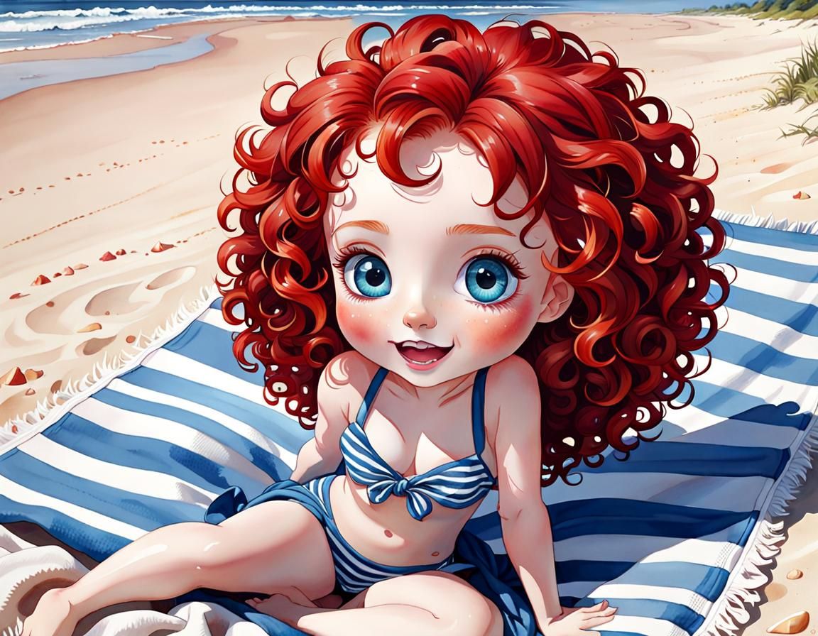 Adorable Chibi Girl at the Beach Watercolor