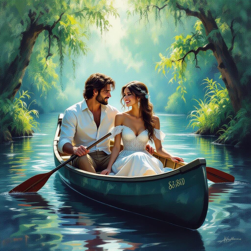 Canoe Ride: Ethereal Charcoal Drawing in Neo-Impressionist S...