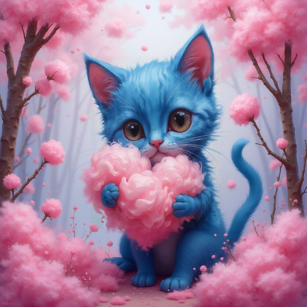Cotton Candy Kitten in Gouache Impressionist Style
