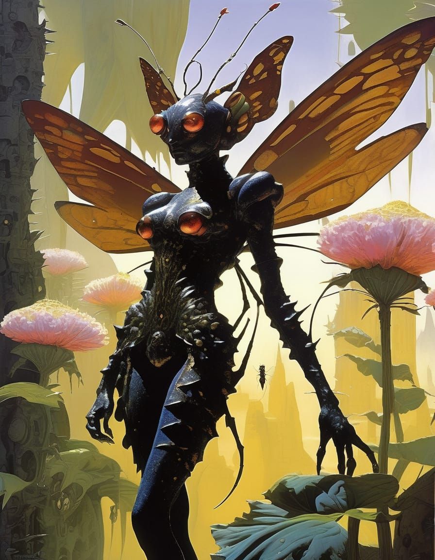 Epic Fantasy Insectoid Demon Among Giant Flora