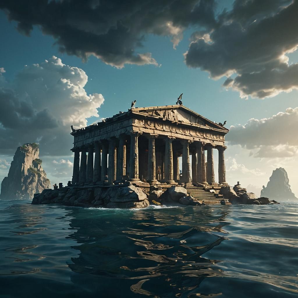 Floating Greek Temple: Dark Fantasy Art