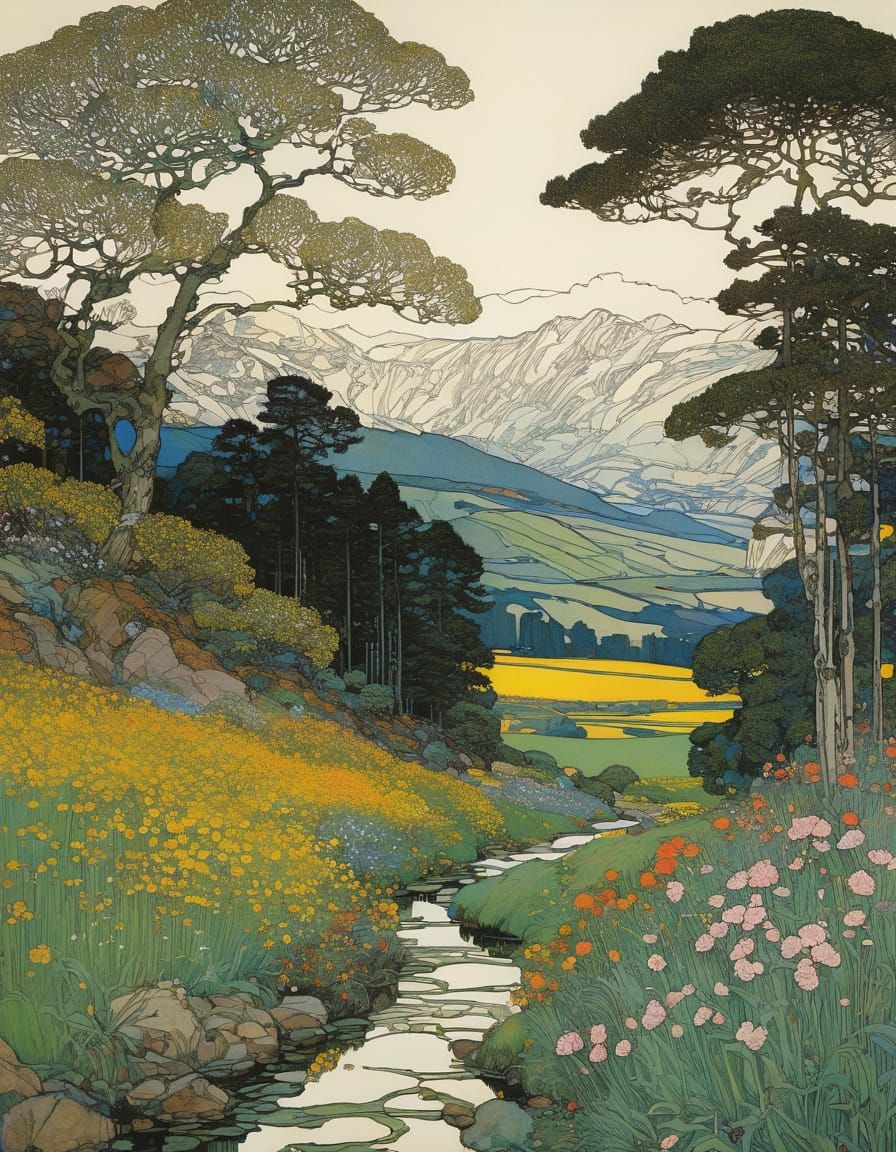 Organic Spring Landscape in Art Nouveau Style