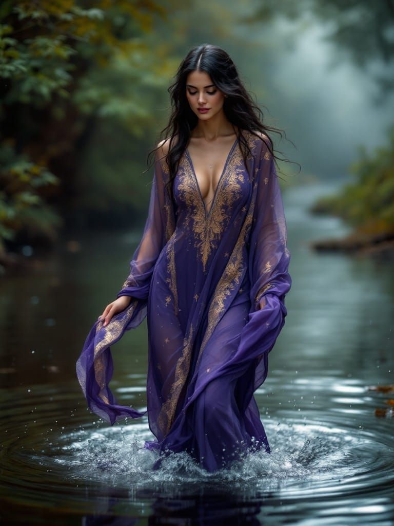 Ethereal Woman in Waterhouse-Klimt Style Portrait