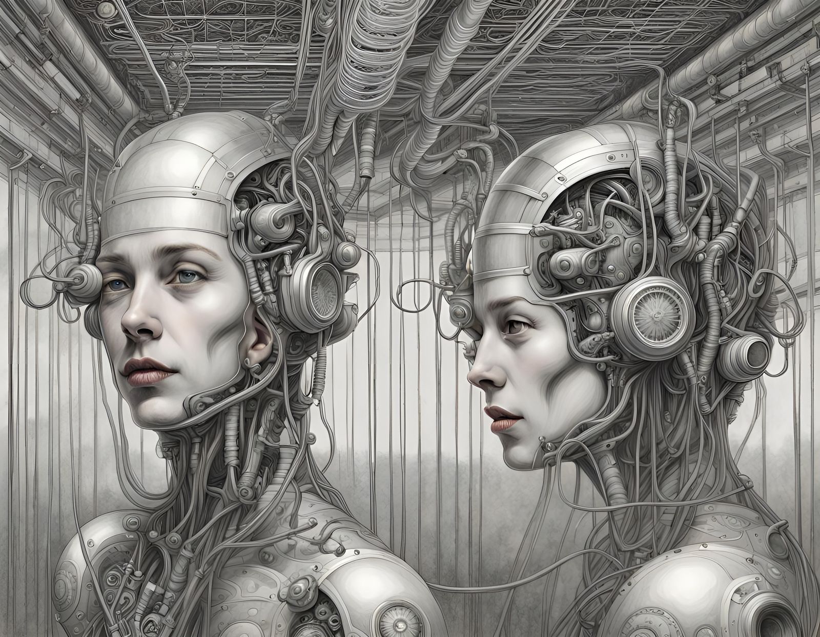 Detailed Pencil Drawing of Interconnected Cyborg Heads