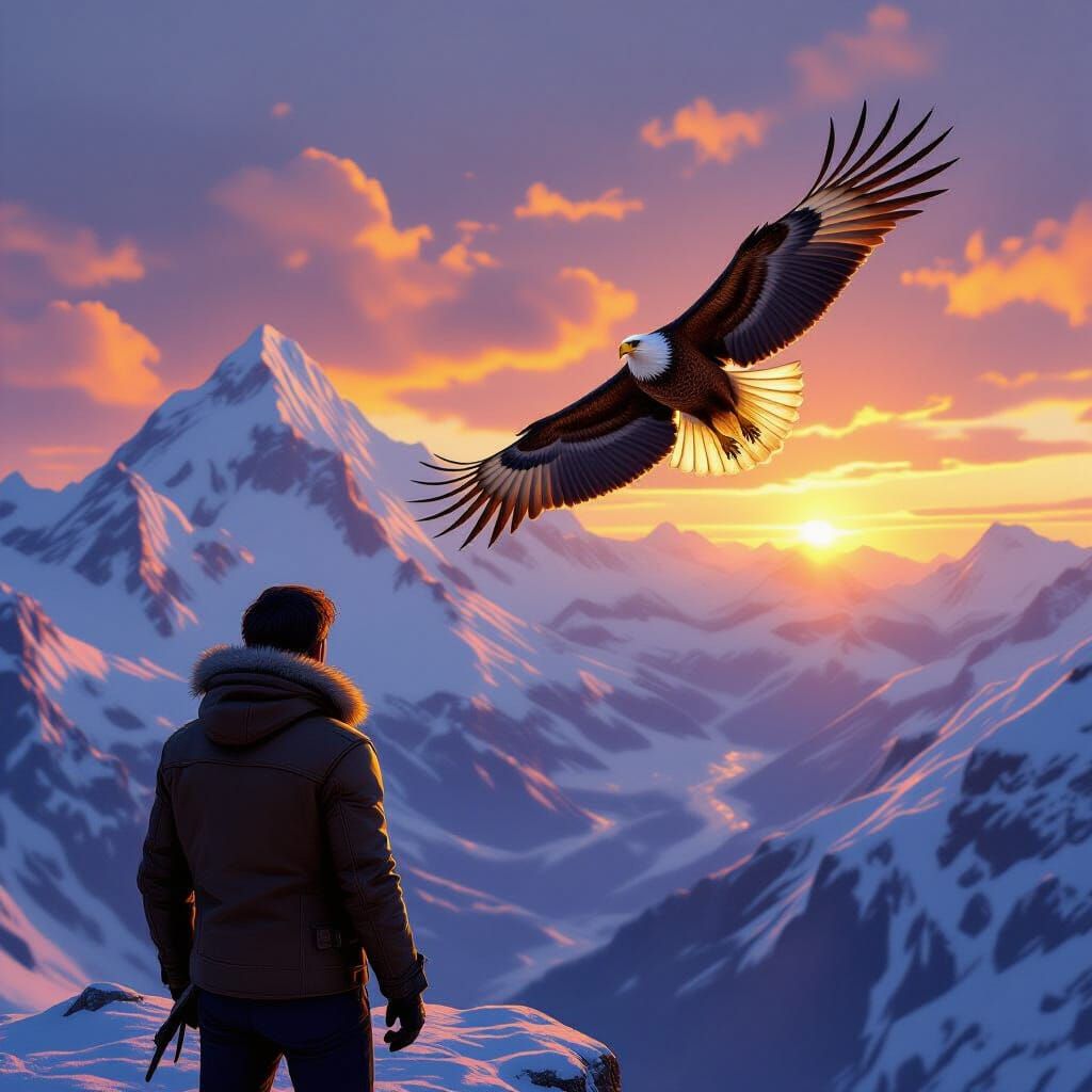 Majestic Eagle Soars Over Snowy Mountains at Sunset
