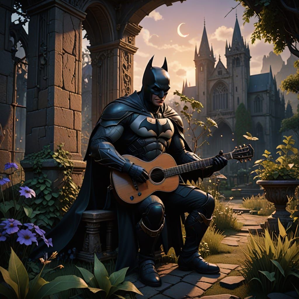 Batman Enchants with Guitar in Moody Dark Fantasy Garden