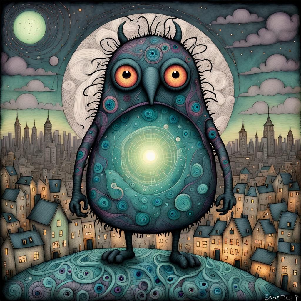 Eldritch Doodle Monster over Zentangle Cityscape