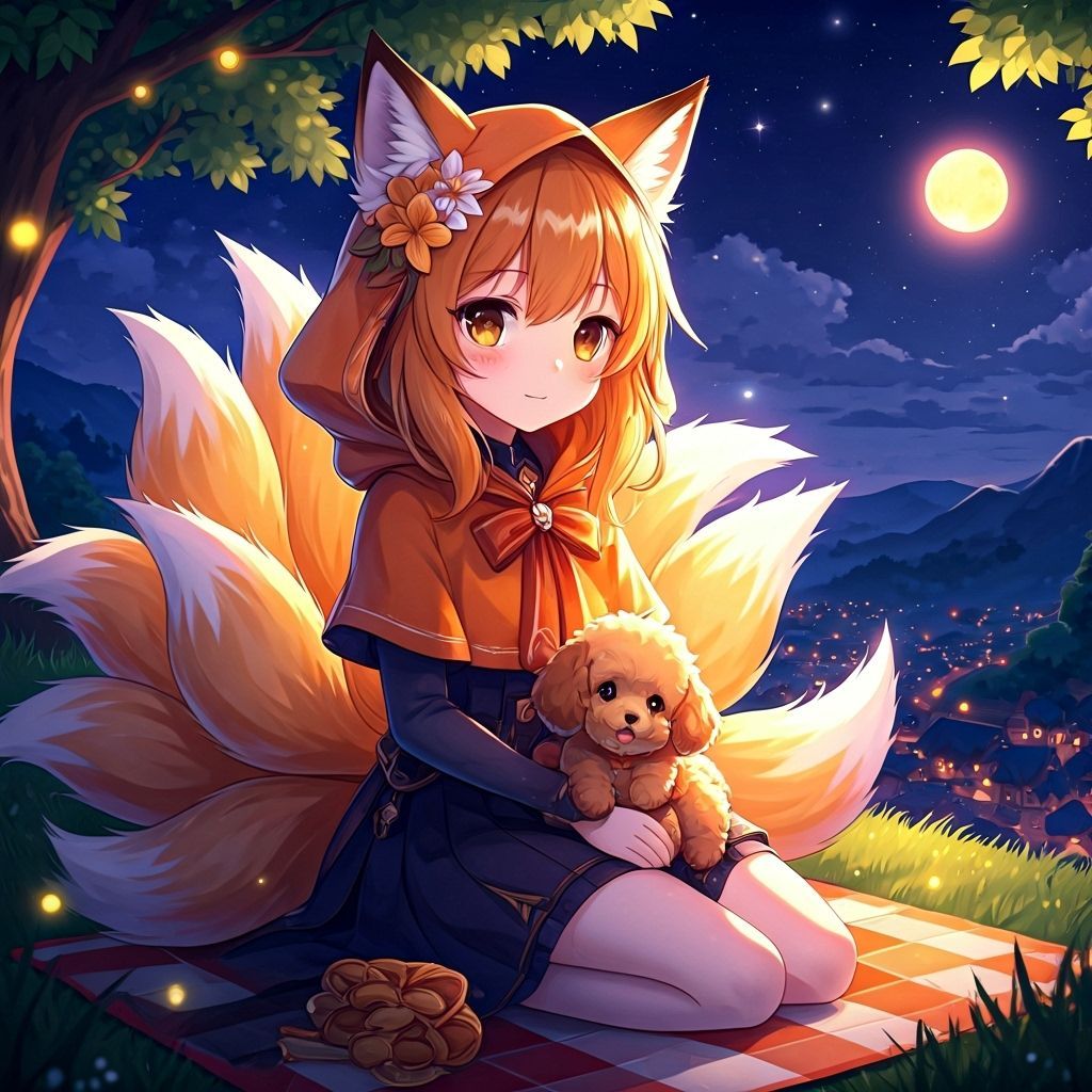 Anime Fox Girl Stargazing With Puppy