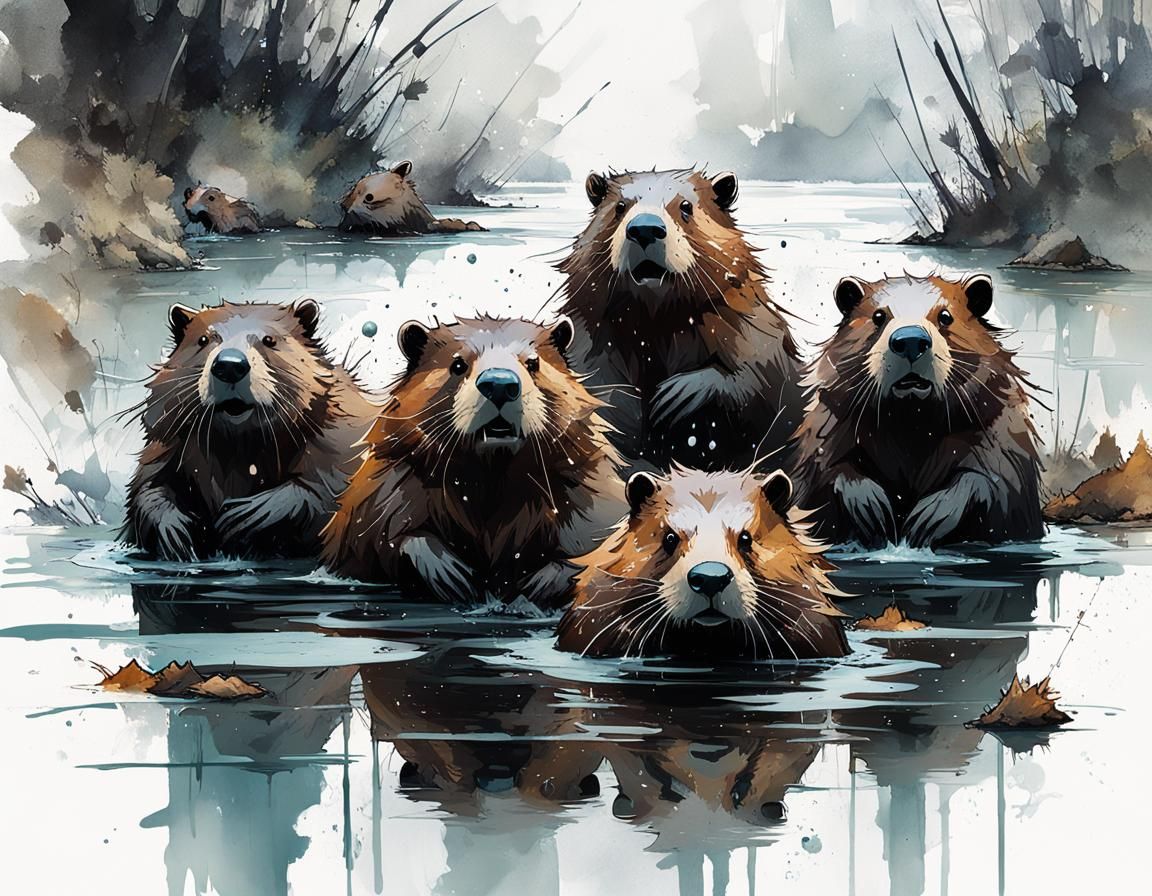 Beavers Building Dam in Ink Splatter Double Exposure