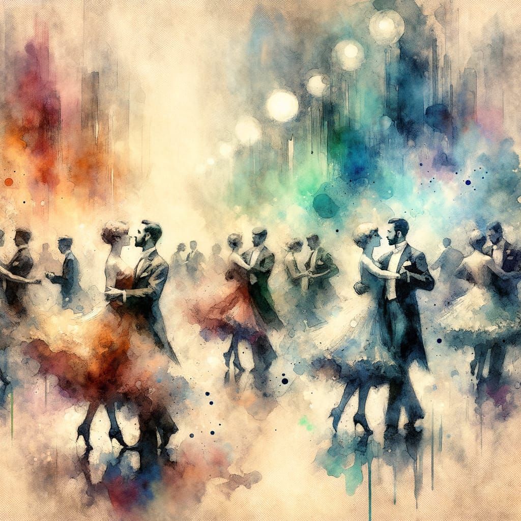 Vibrant Ballroom Scene in Dreamy Watercolor Style