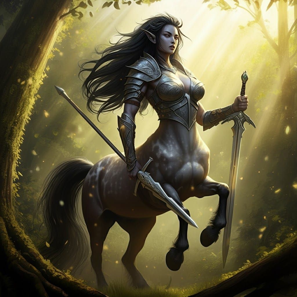 Majestic Centaur in Sun-Drenched Forest Glade