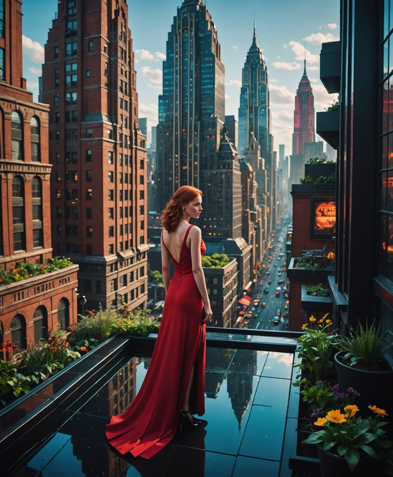 Redhead in Rooftop Garden Overlooking Neon Metropolis