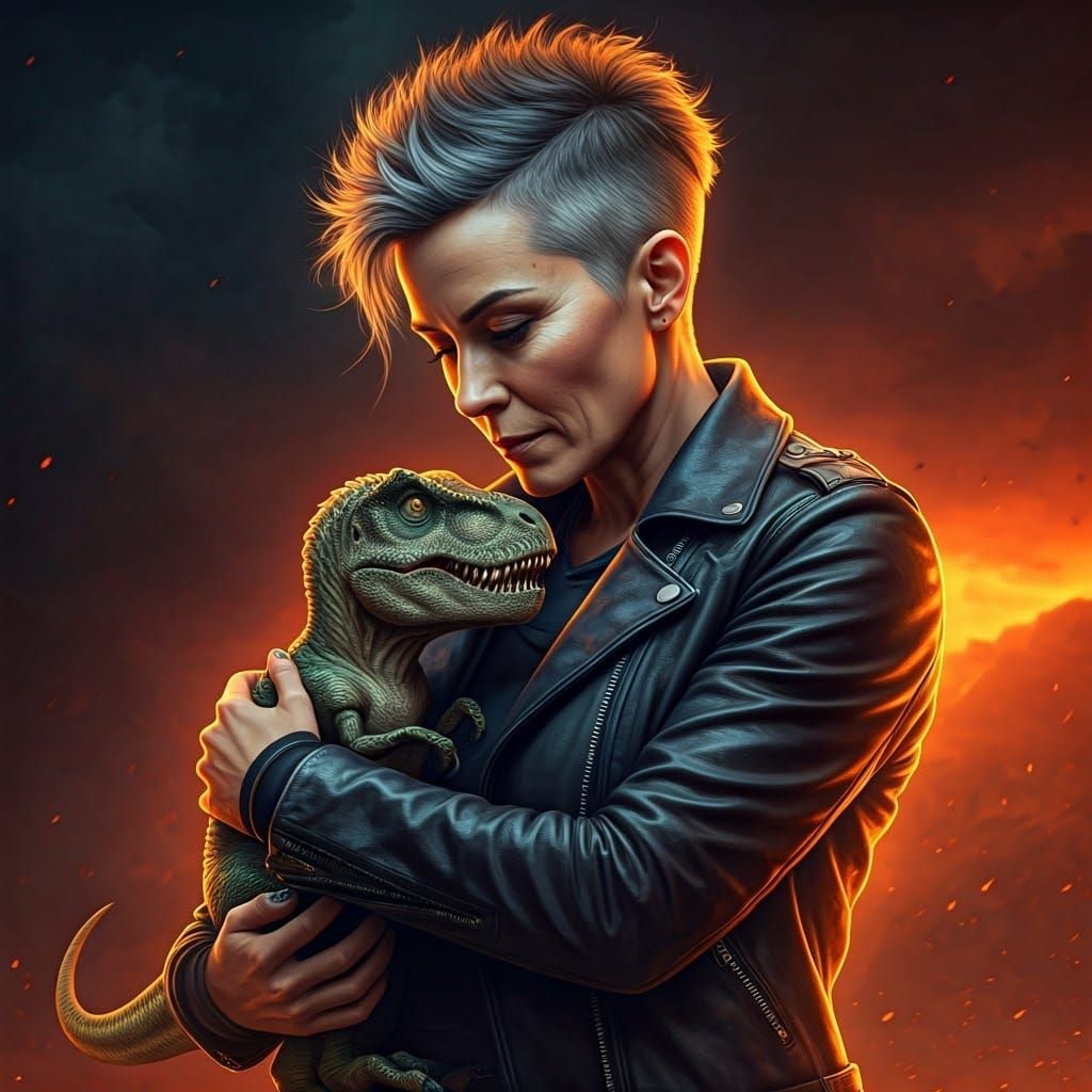 Woman Cradles Baby T-Rex in Mystical Landscape