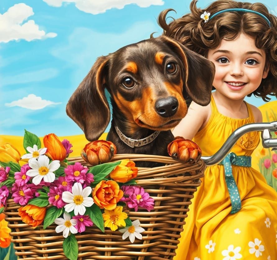 Vibrant Dachshund Peers from Bicycle Basket Amidst Tulips