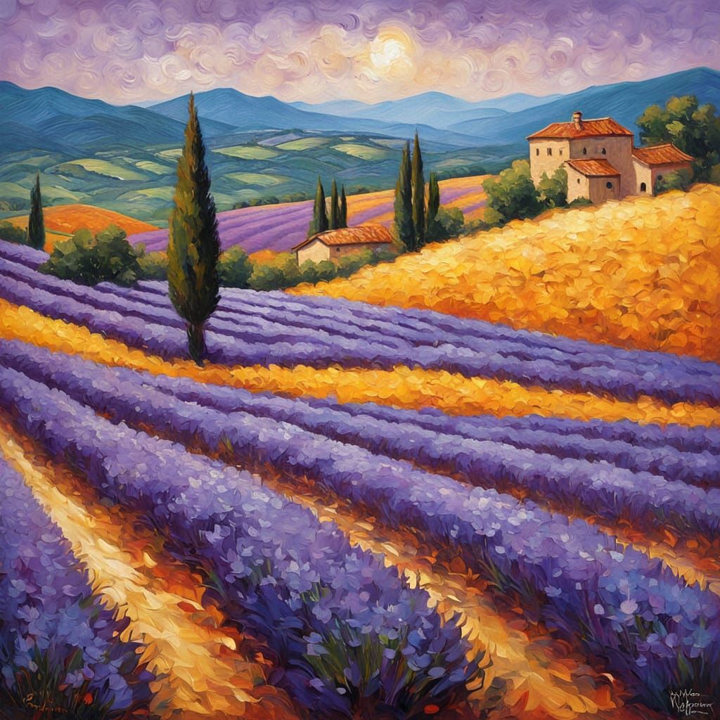 Tuscan Lavender Fields as Impasto Oil Painting