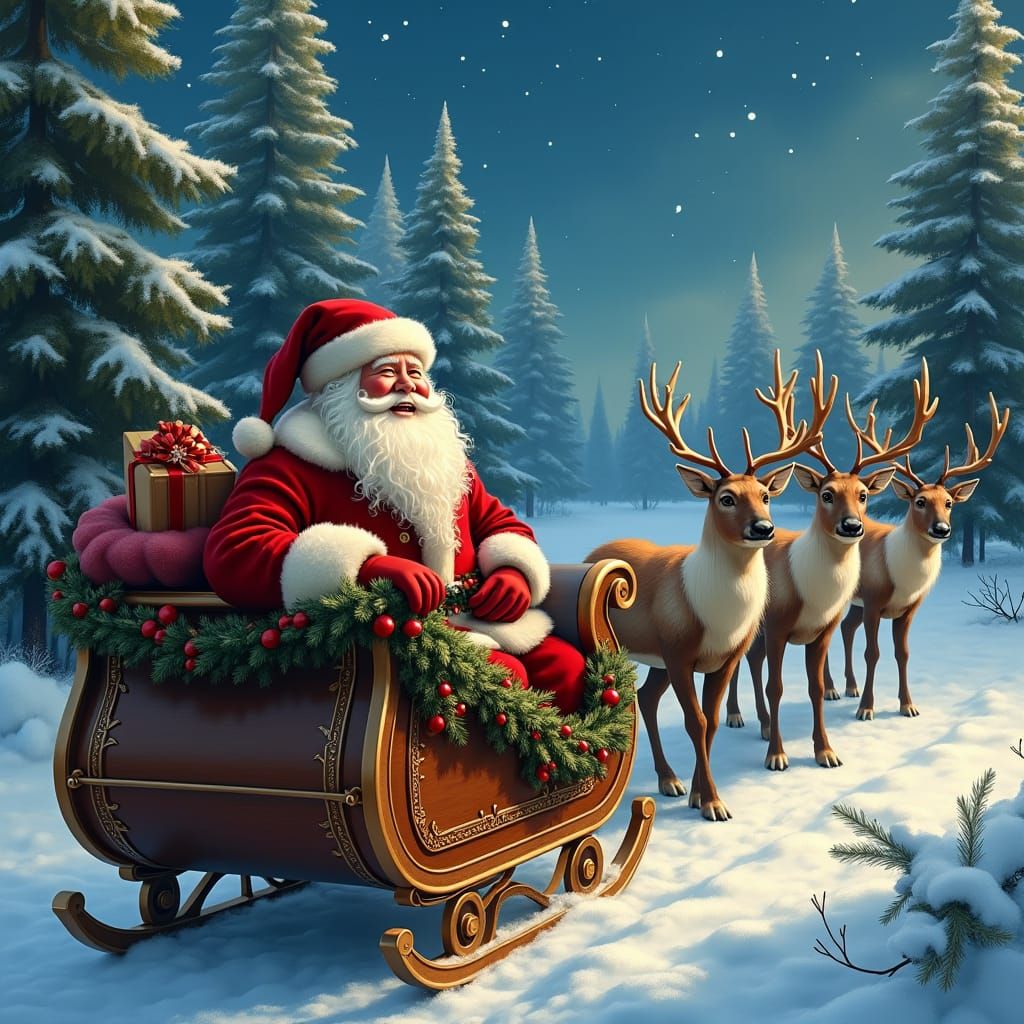 Santa Claus in Sleigh with Reindeer: Realistic 8K Render
