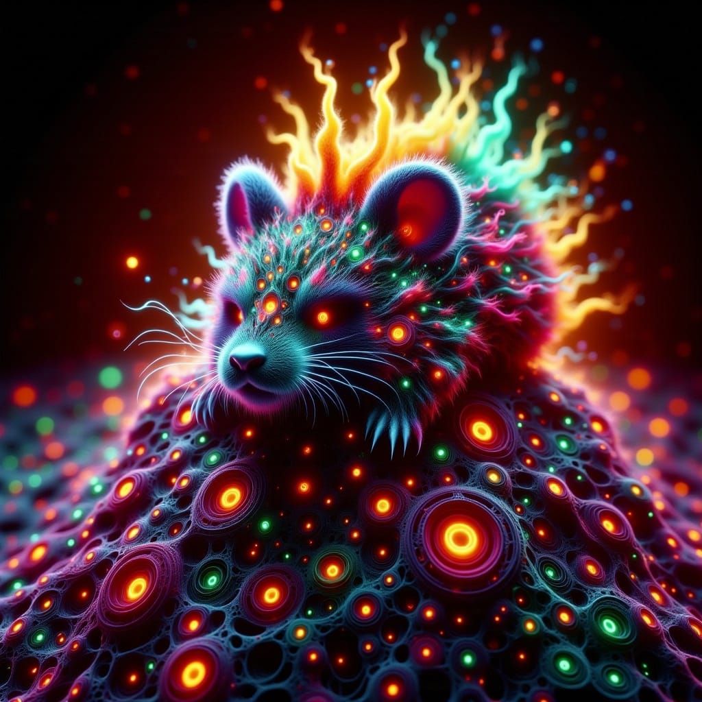 Fluffy Chibi Mouse with Mohawk on Cat, Digital Art