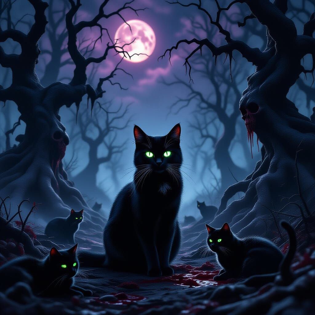 Gothic Forest Cat with Glowing Eyes in Dark Fantasy Horror