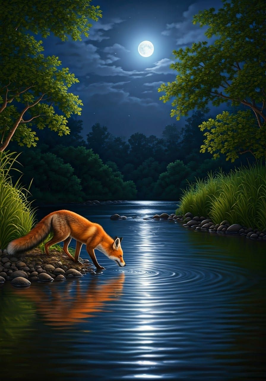 Majestic Red Fox Drinks Under Moonlight