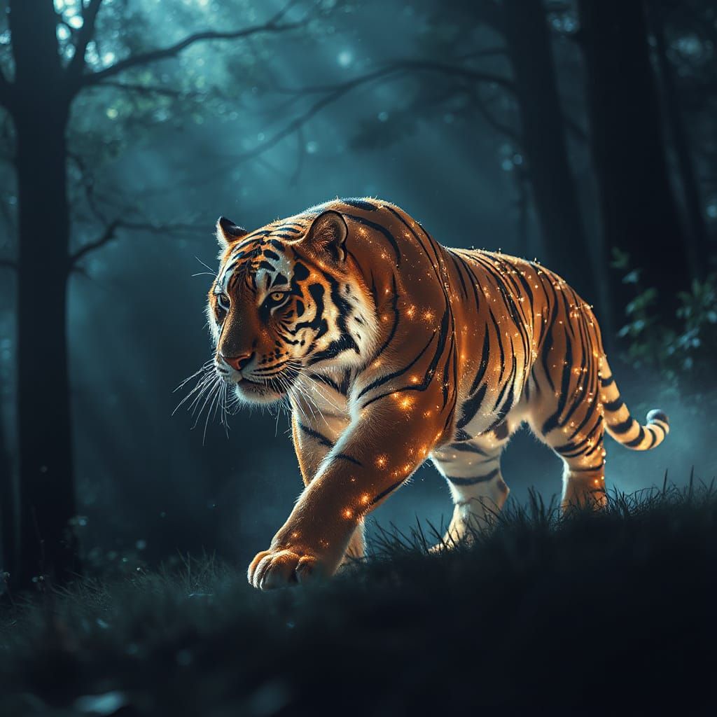 Ethereal Starlight Tiger in Mystical Dark Forest