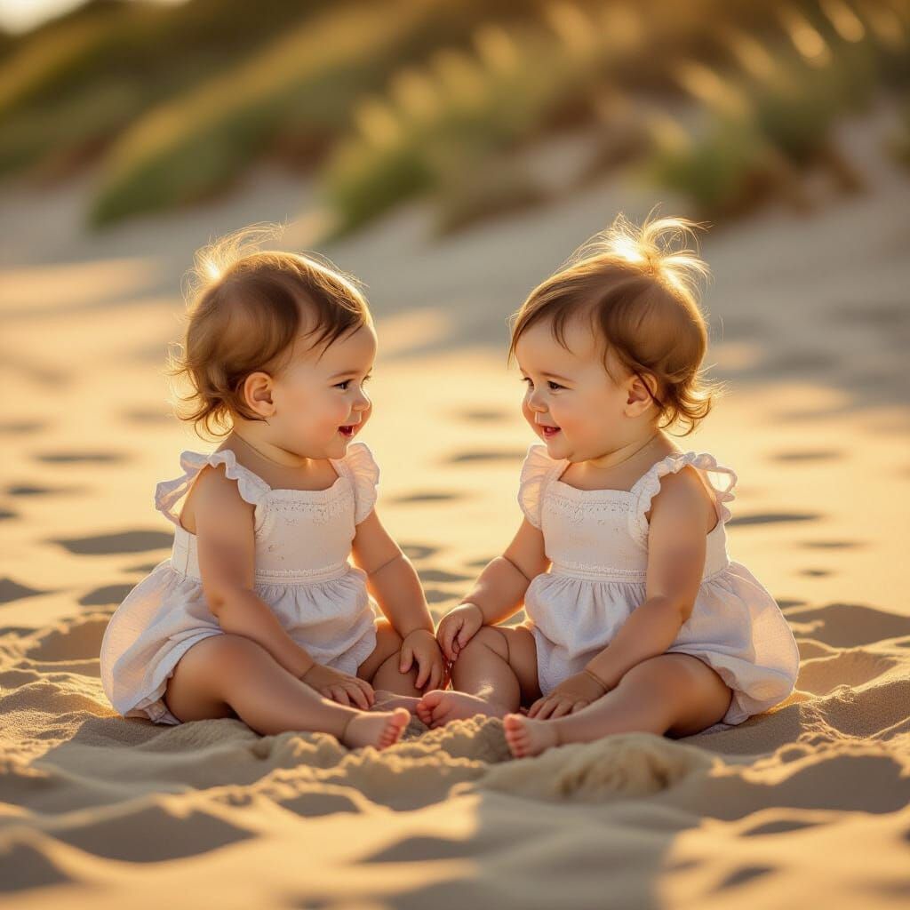 Twin Baby Girls Play on Golden Hour Beach