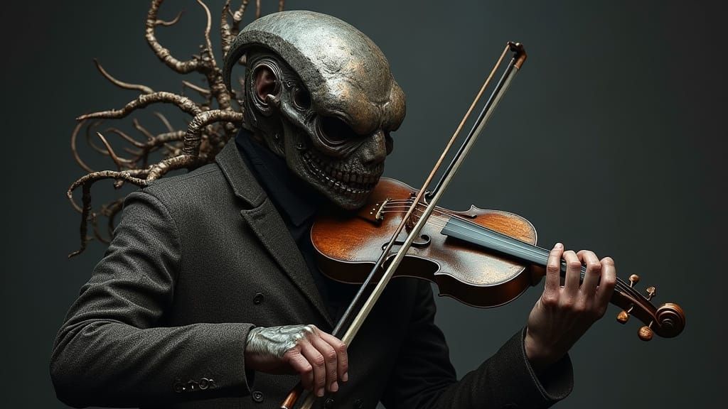 Biomechanical Twin Musicians in Surrealist Style