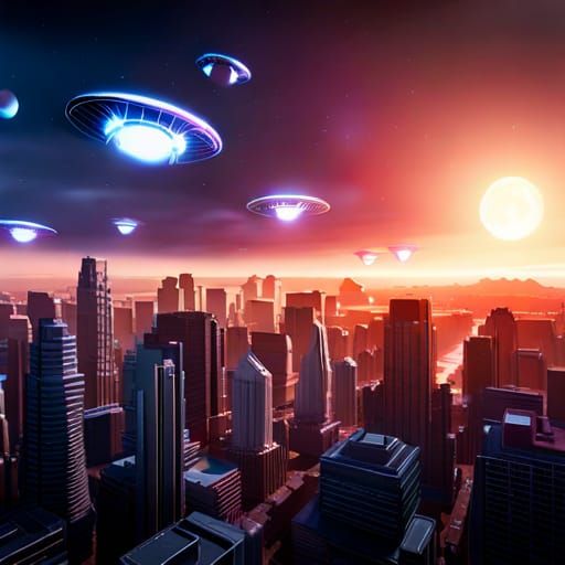 UFOs Attack City at Night: 3D Cinematic Render