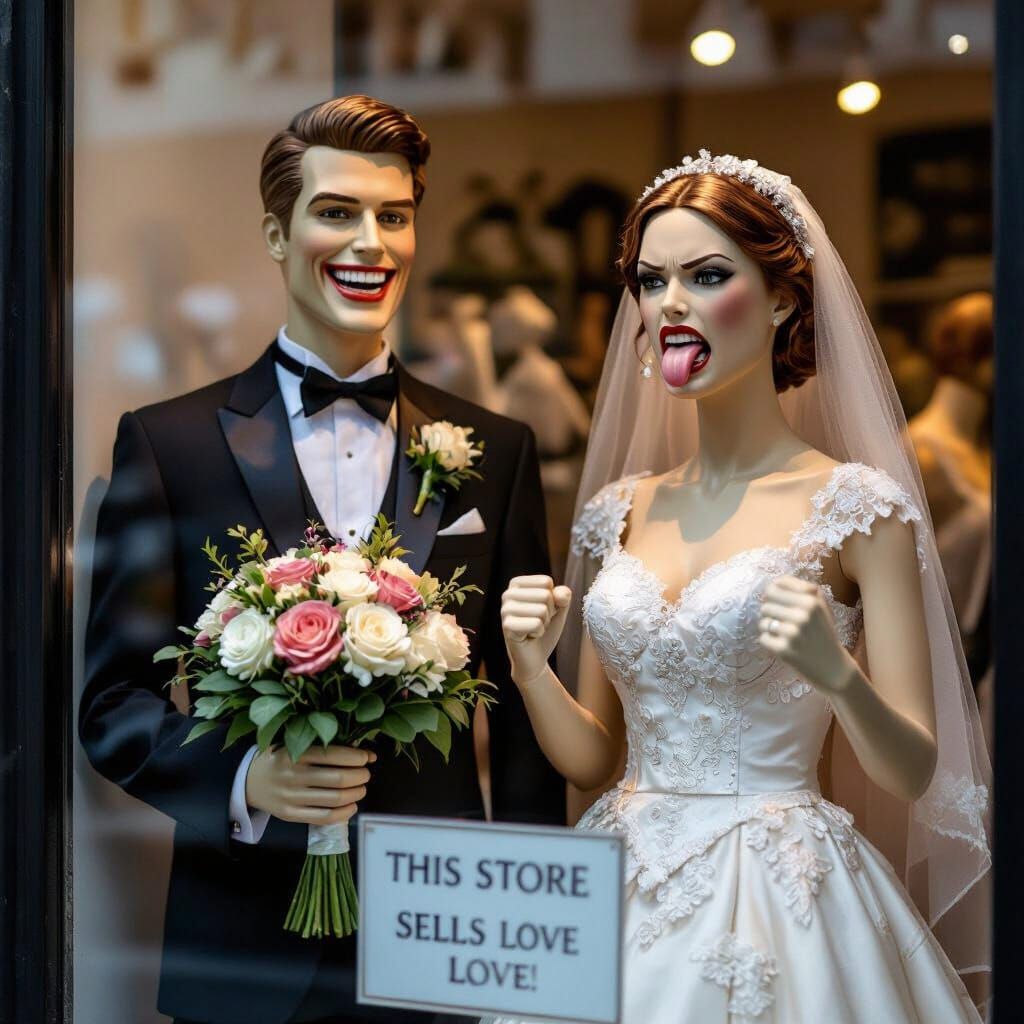 Mannequins Depict Unhappy Wedding Scene in Store Window