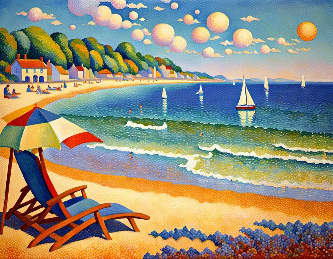 Pointillist Beach Scene on a Summer Day