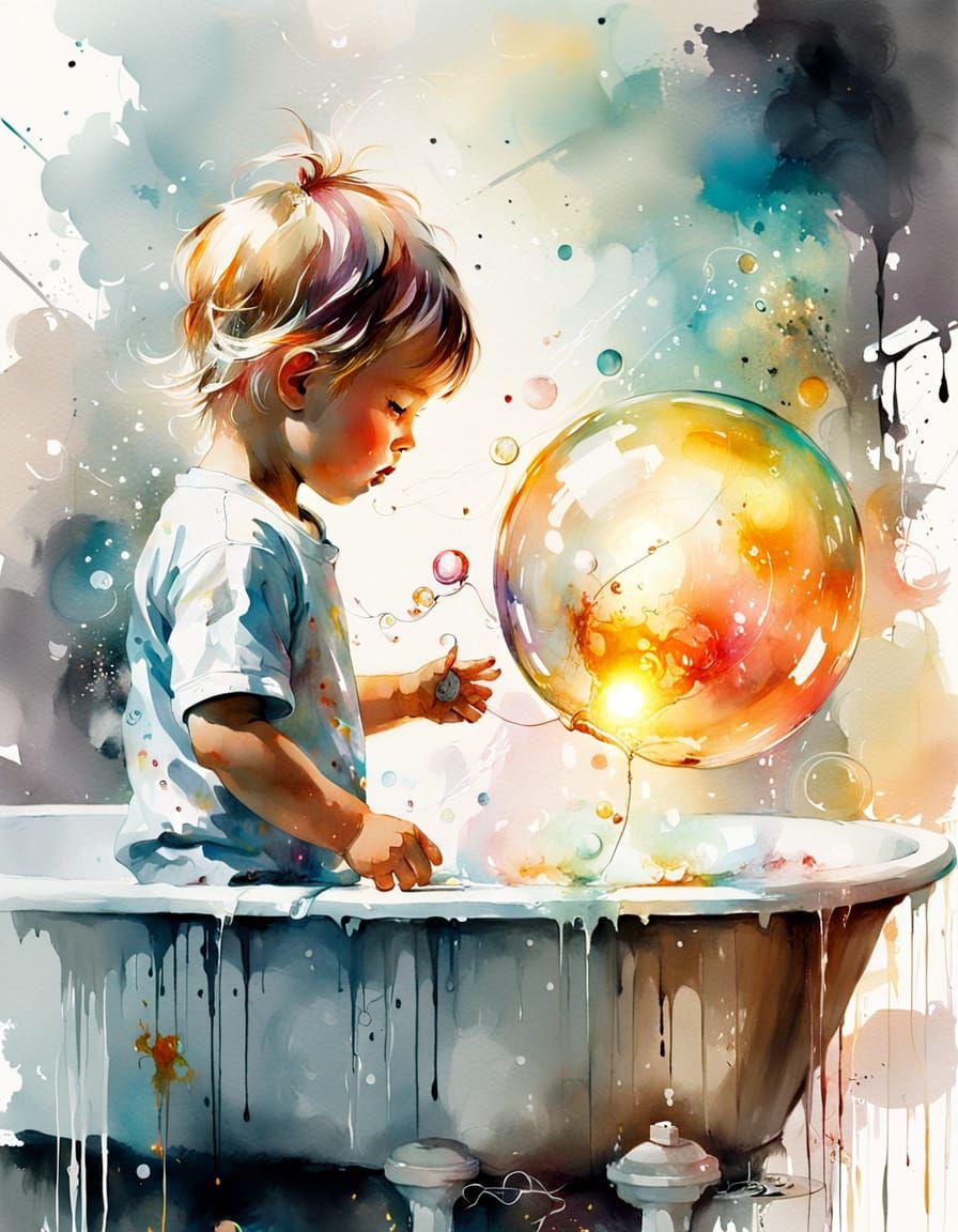 Toddler Blowing Giant Bubble in Watercolor Style