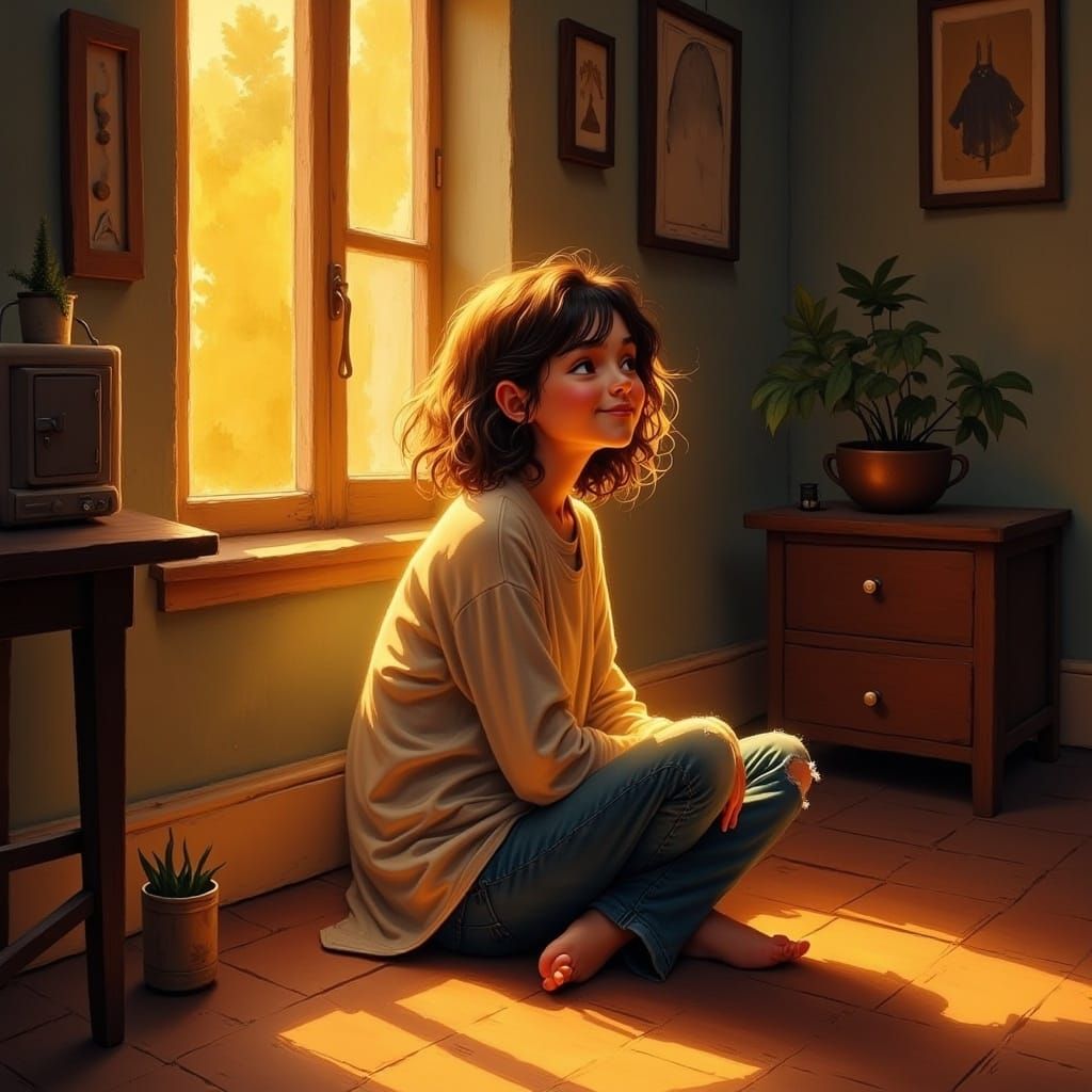Solitary Figure in Cozy Room, Whimsical Illustration